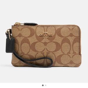 COACH Double Corner Zip Wrislet Blocked Signature Canvas Leather